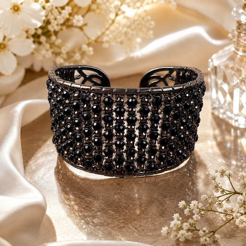 Monet Black Moissanite Wide Cuff Bracelet Inner Strength Individuality Rare Find